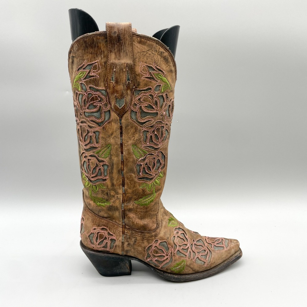 Corral Womens 6M Floral Pink Rose Cutout Brown Distressed Snip Toe Western Boots